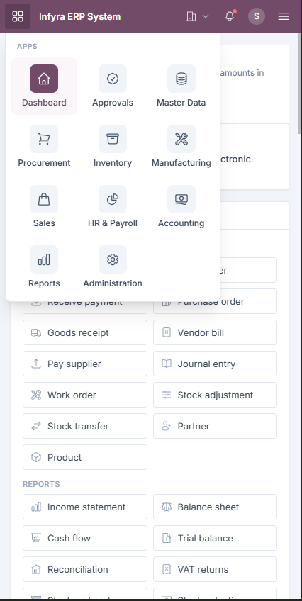Infyra ERP System mobile
